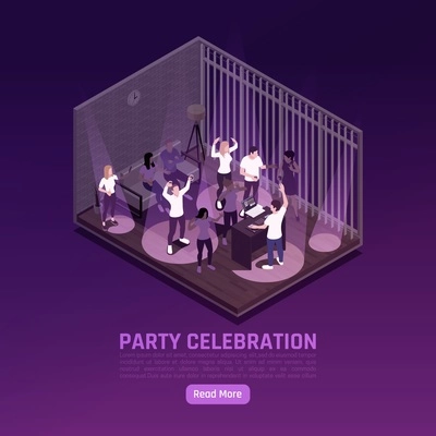 Party celebration isometric background with dancing people and disk jockey with read more button and text vector illustration