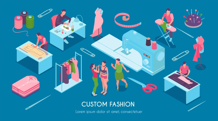 Isometric sewing studio horizontal composition with custom fashion headline and different tools and equipment vector illustration