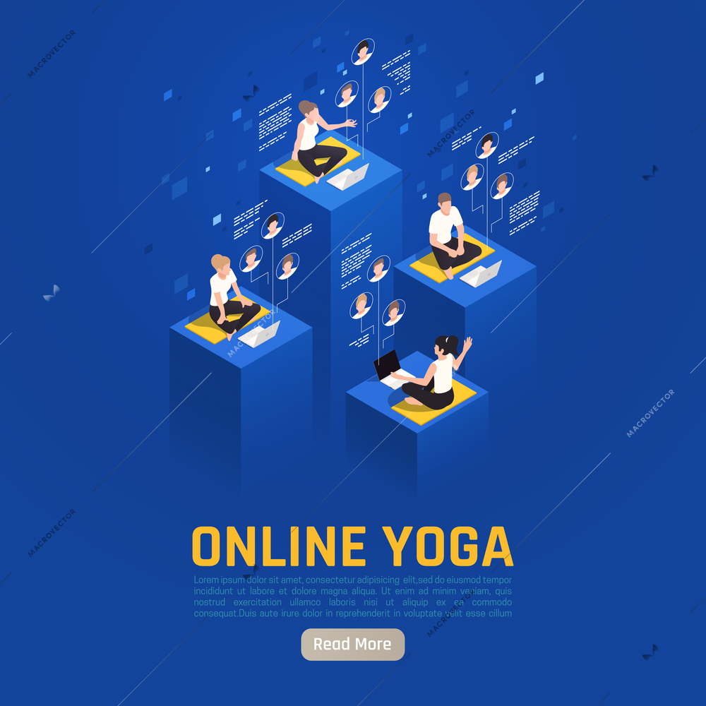 Online virtual team building isometric background with read more button and editable text with meditating people vector illustration