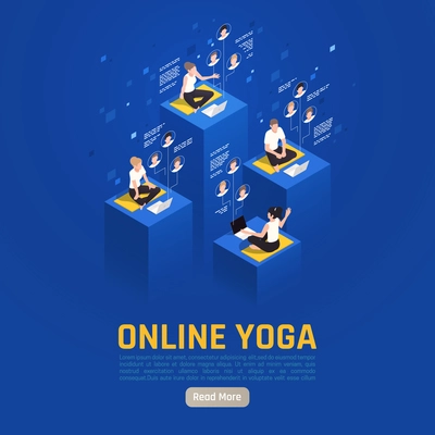 Online virtual team building isometric background with read more button and editable text with meditating people vector illustration