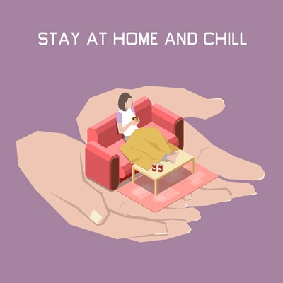 Stay at home and chill concept with indoor lifestyle symbols isometric  vector illustration