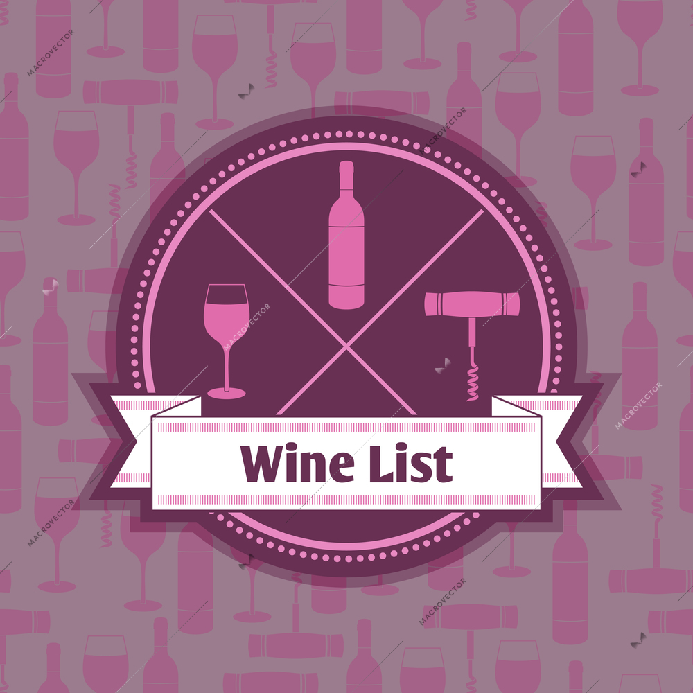 Restaurant wine list menu template with bottle glass and corkscrew badge and background vector illustration