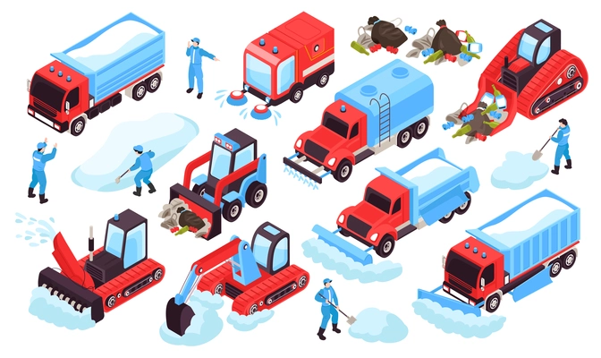 Isometric cleaning road set with isolated icons of trucks bulldozers human characters of workers and rubbish vector illustration