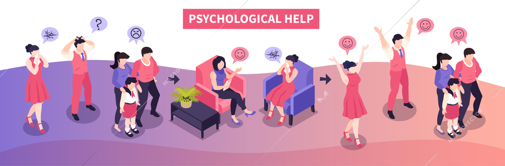 Isometric psychologist horizontal composition of human characters having mind problems with thought bubbles arrows and text vector illustration