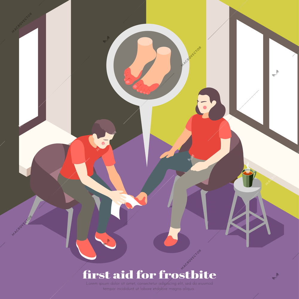 First aid steps for frostbite isometric background composition with rewarming frostbitten toes drinking warm liquid vector illustration