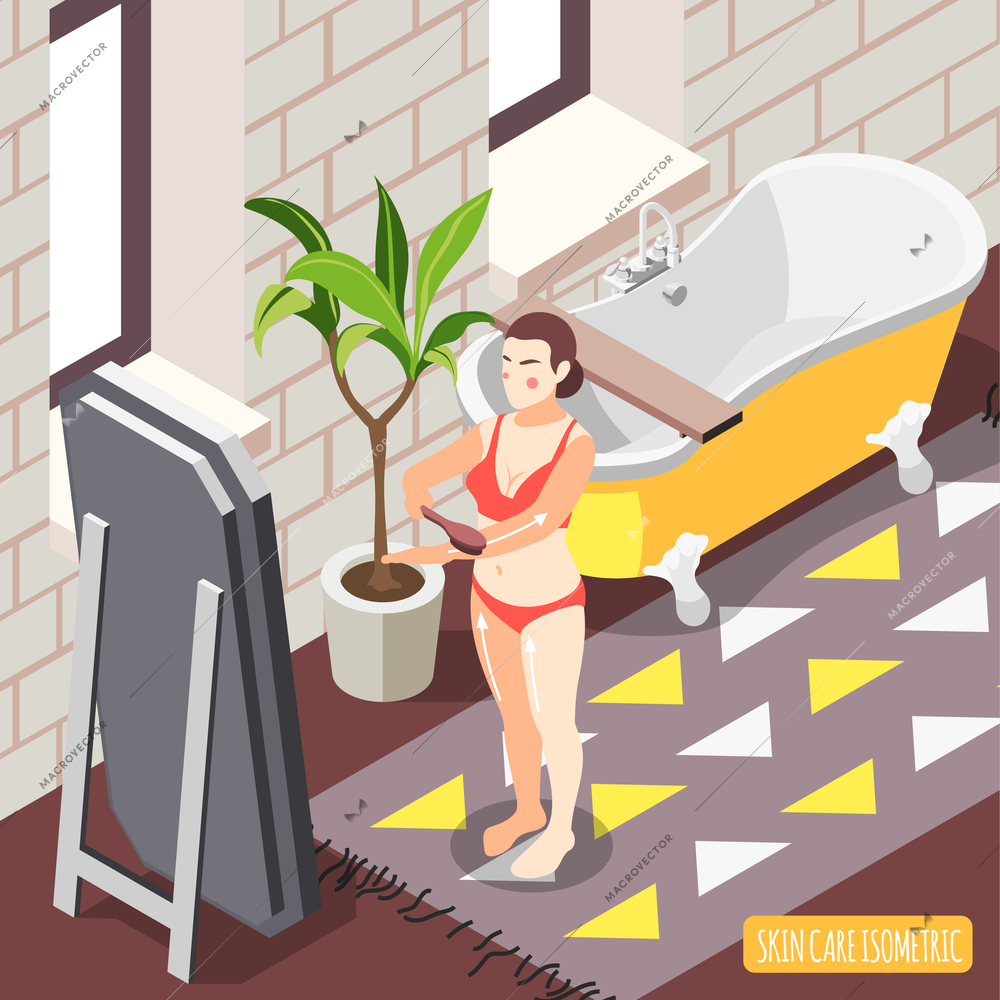 Face and skin care isometric background composition with text and bathroom interior with woman and mirror vector illustration