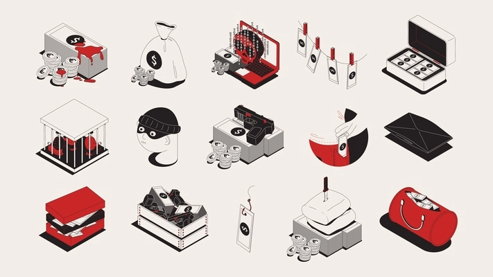 Dirty money gained illegally trough bribery theft crime blood corruption symbols isometric icons set isolated vector illustration