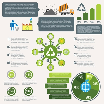 Garbage recycling infographic elements set with cleaning icons and charts vector illustration