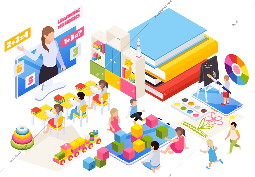 Kindergarten children learning distantly online isometric composition with teacher on desktop monitor building blocks pyramid vector illustration