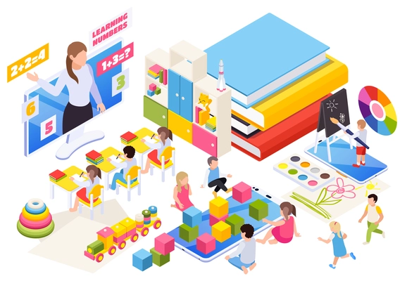 Kindergarten children learning distantly online isometric composition with teacher on desktop monitor building blocks pyramid vector illustration