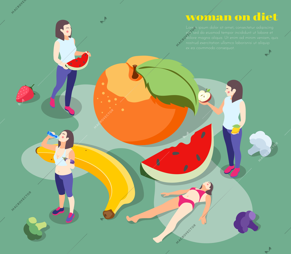 Woman on diet isometric background composition with text and fruits with slices surrounded by female characters vector illustration