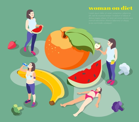 Woman on diet isometric background composition with text and fruits with slices surrounded by female characters vector illustration