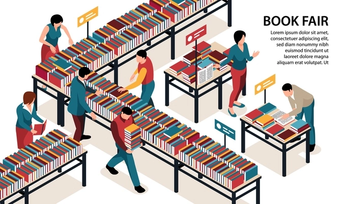 People visiting book fair 3d isometric horizontal vector illustration