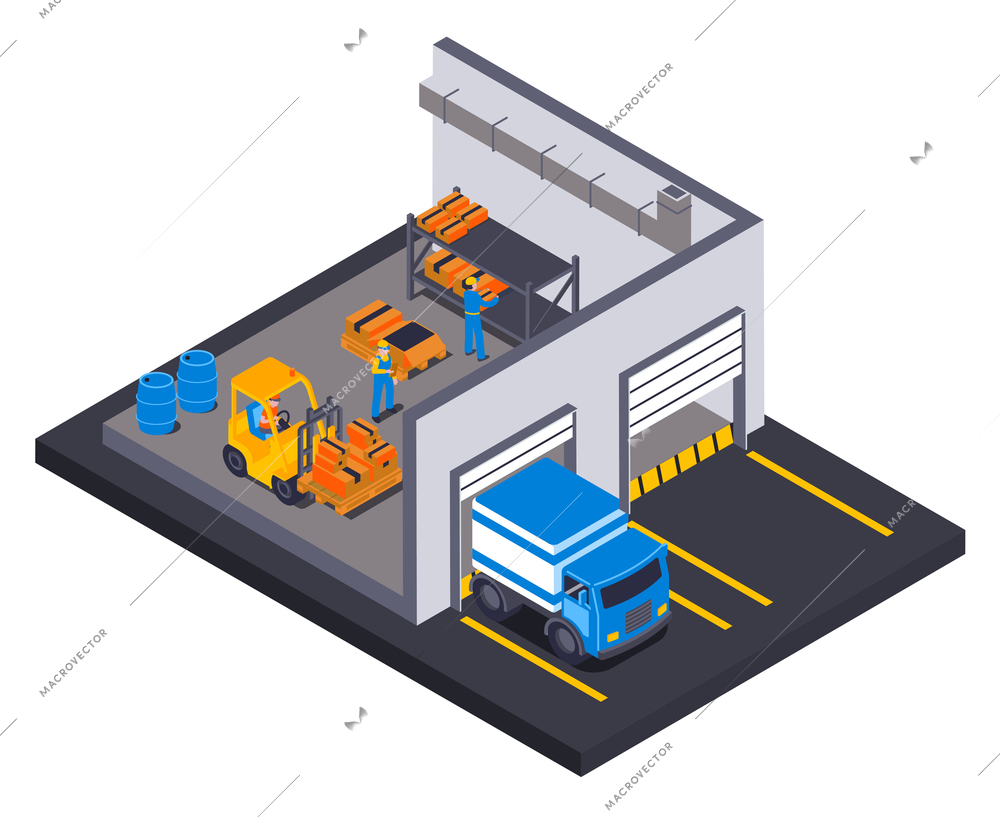 Isometric logistic warehouse delivery composition with view of storage building doors and workers departing freight truck vector illustration