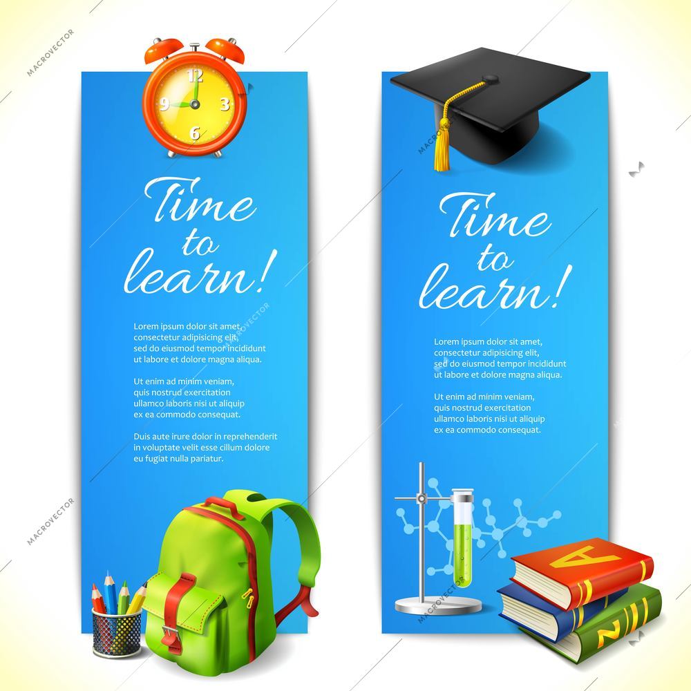 Realistic time to learn vertical banners set with education icons vector illustration