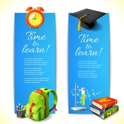 Realistic time to learn vertical banners set with education icons vector illustration