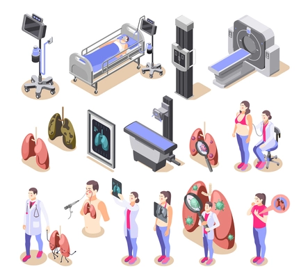 Lung inspection icons set with treatment symbols isometric isolated vector illustration