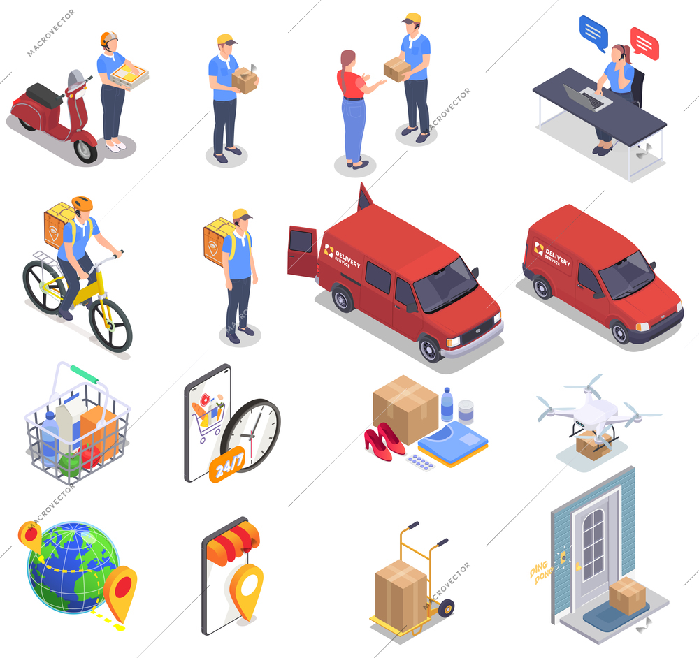 Delivery company set with isometric service icons images of products vans and people on blank background vector illustration