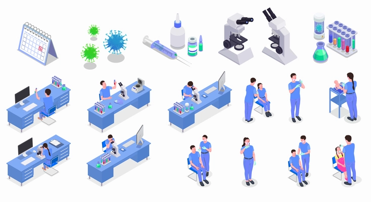 Vaccination isometric set of isolated medical equipment icons images of viruses calendar and working doctors characters vector illustration