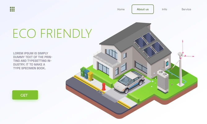 Eco friendly technology isometric landing page with images of smart house clickable links buttons and text vector illustration