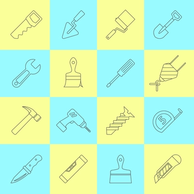 Home repair tools outline icons set with names saw roller crane shovel trowel abstract isolated vector illustration