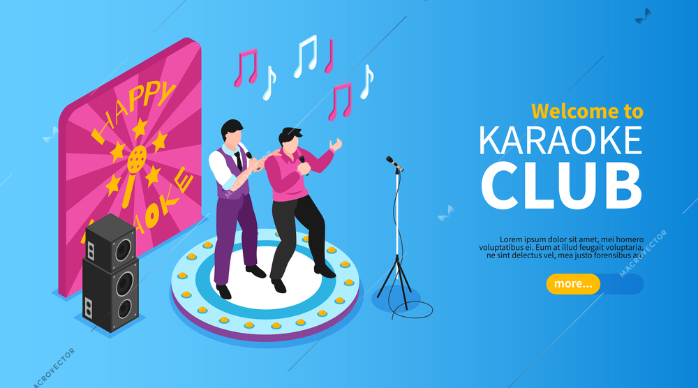 Isometric karaoke horizontal banner with editable text more button and people singing in microphones on stage vector illustration