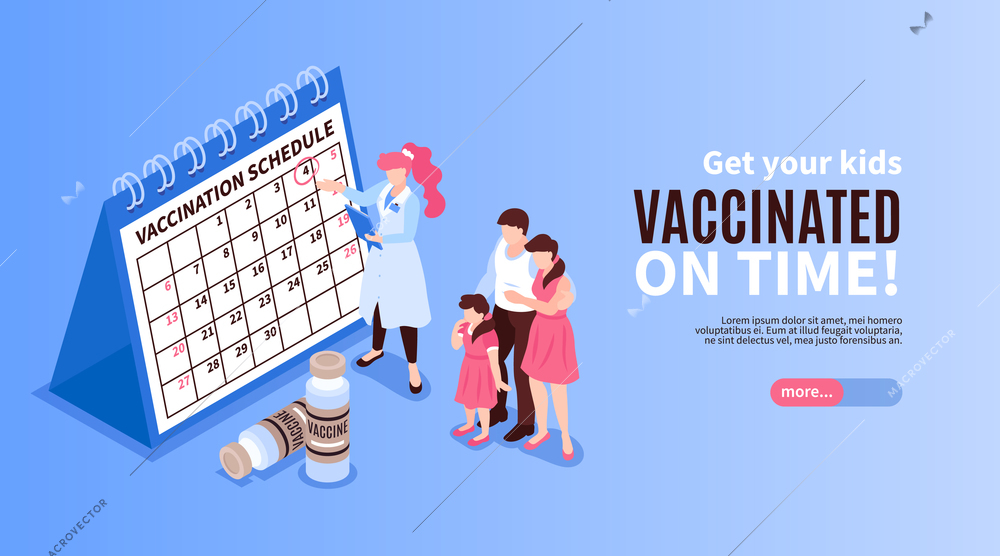 Isometric vaccination horizontal banner with human characters with vaccine schedule calendar editable text and more button vector illustration