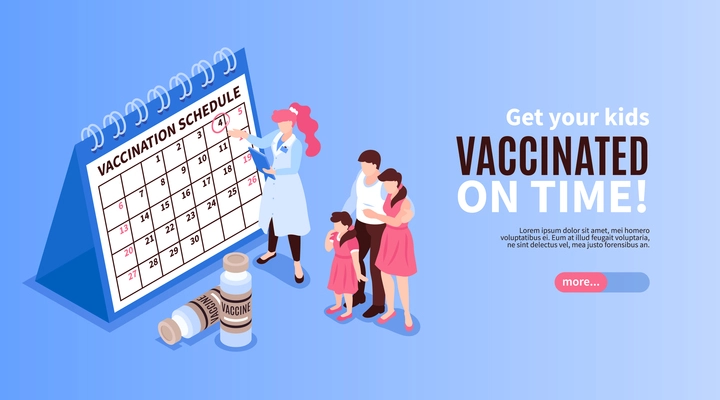 Isometric vaccination horizontal banner with human characters with vaccine schedule calendar editable text and more button vector illustration