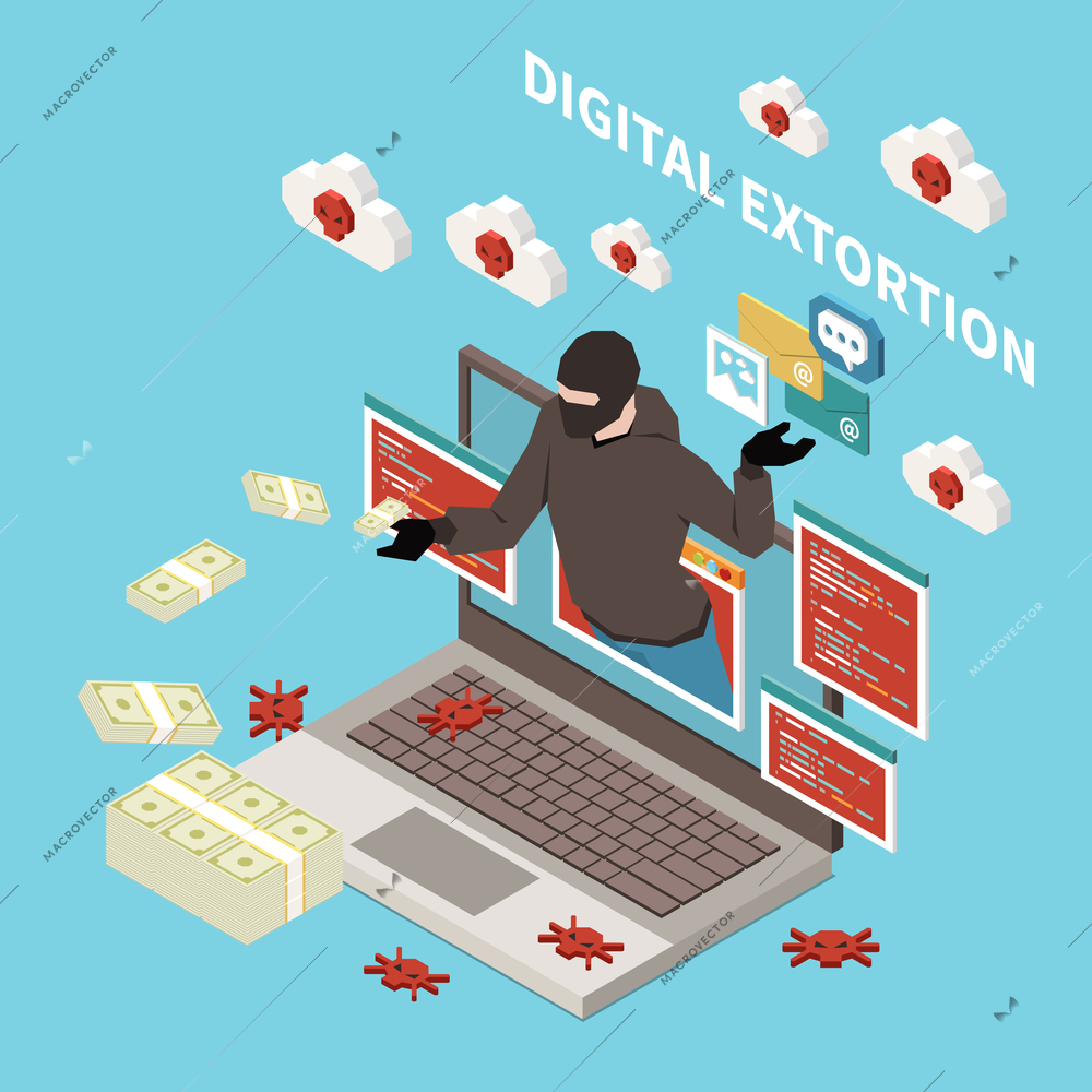 Hacker fishing digital crime isometric concept with digital extortion headline and money stealer vector illustration