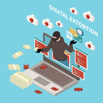 Hacker fishing digital crime isometric concept with digital extortion headline and money stealer vector illustration