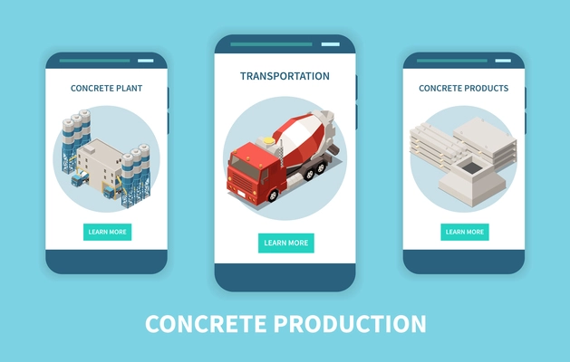 Concrete cement production isometric vertical banner set with concrete plant transportation and products headlines vector illustration