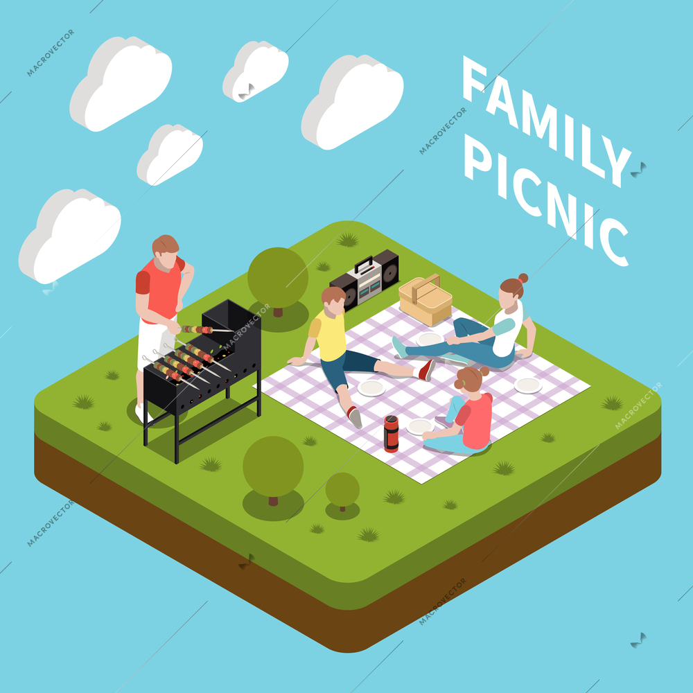 Family leisure playing isometric people composition with family picnic description abstract situation vector illustration