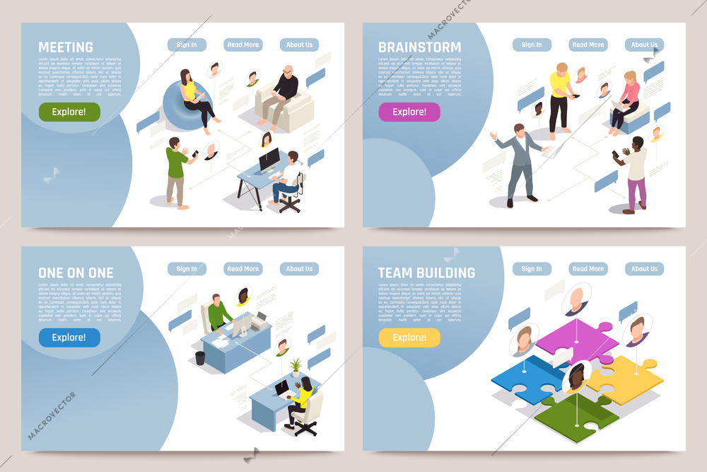 Team building isometric banners set with people communicating working brainstorming online 3d isolated vector illustration