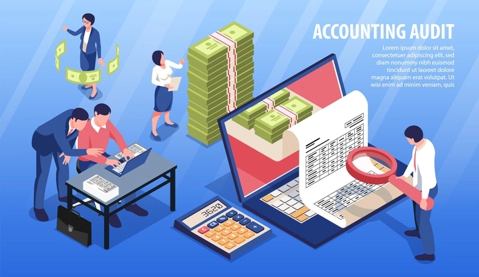 Accounting audit isometric background composition with analyzing financial transactions on laptop with magnifier pile banknotes vector illustration