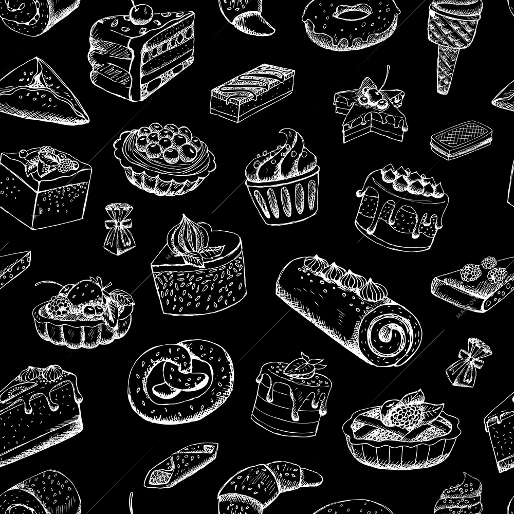 Sweet pastries on chalkboard vector illustration background