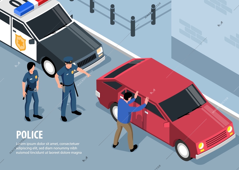 Isometric police background composition with street scenery and cars with custody scene officers and editable text vector illustration