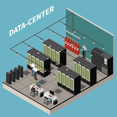 Isometric and colored datacenter composition with server room security and it staff vector illustration