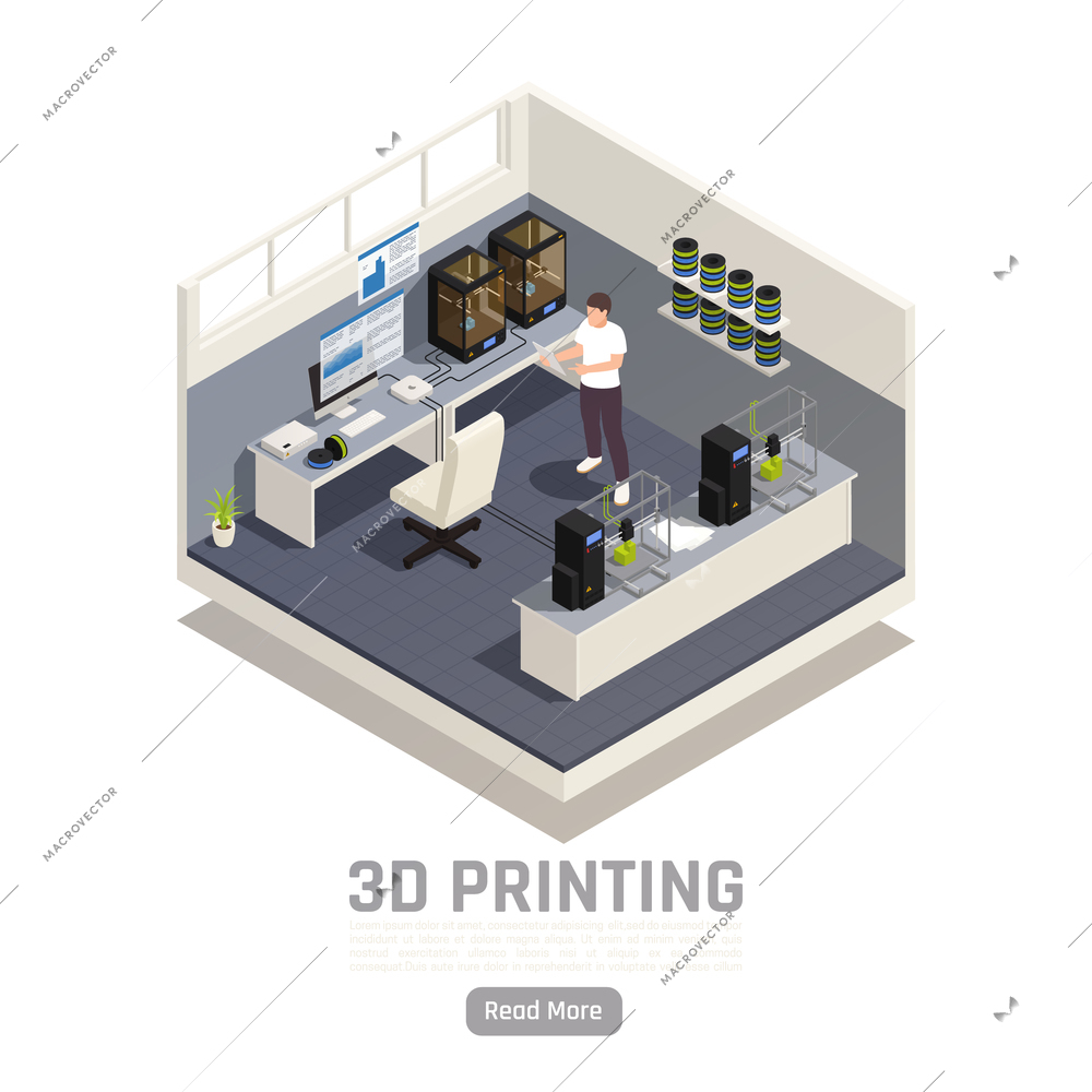 Isometric composition with engineer working with 3d printers vector illustration