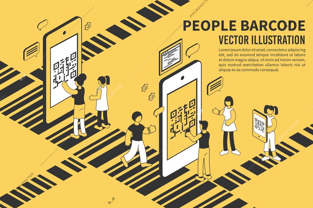 People with mobile phones scanning barcode 3d isometric vector illustration