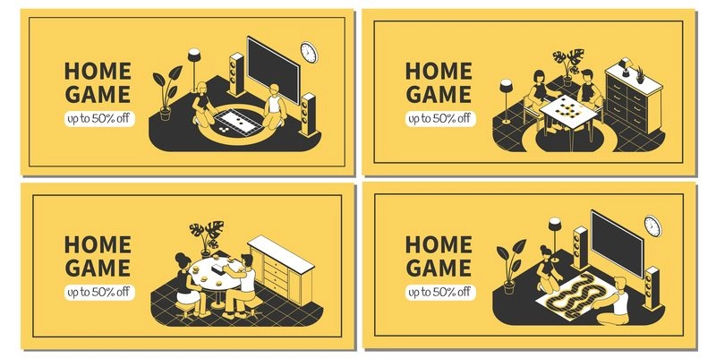 Isometric horizontal banners set with family playing board games at home 3d isolated vector illustration