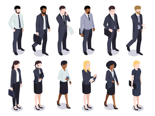 Isometric set of isolated businessmen businesswomen male and female faceless characters wearing costumes on blank background vector illustration