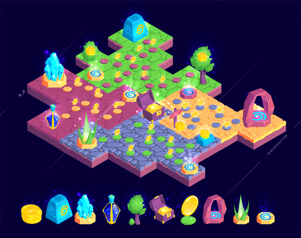 Isometric game landscape composition with piece of colourful gaming map with trees stones and treasure chests vector illustration