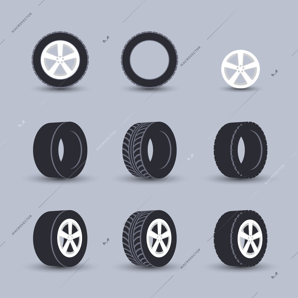 Auto garage wheels disk montage and installation winter tires replacement service black  icons set isolated vector illustration