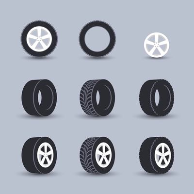 Auto garage wheels disk montage and installation winter tires replacement service black  icons set isolated vector illustration