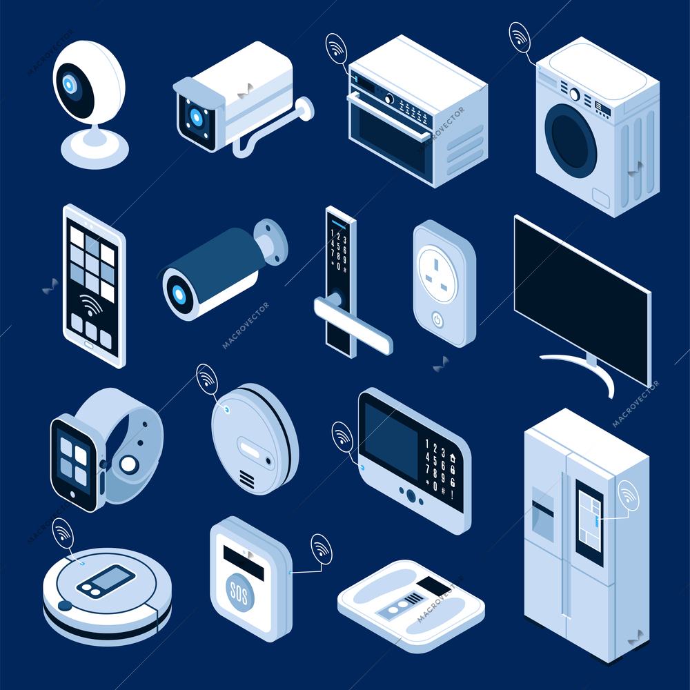 Isometric icons set with smart home appliances and gadgets isolated on blue background 3d vector illustration