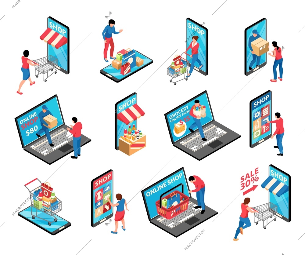 Isometric online shopping set of isolated sale icons storefront elements mounted on smartphone and laptop screens vector illustration