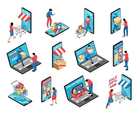 Isometric online shopping set of isolated sale icons storefront elements mounted on smartphone and laptop screens vector illustration