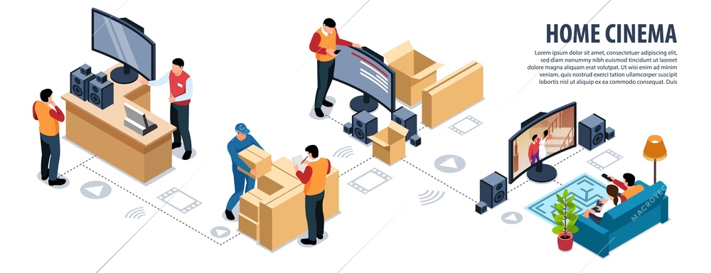 Isometric cinema infographics with editable text silhouette pictograms of movie streaming apps and tv set installing vector illustration