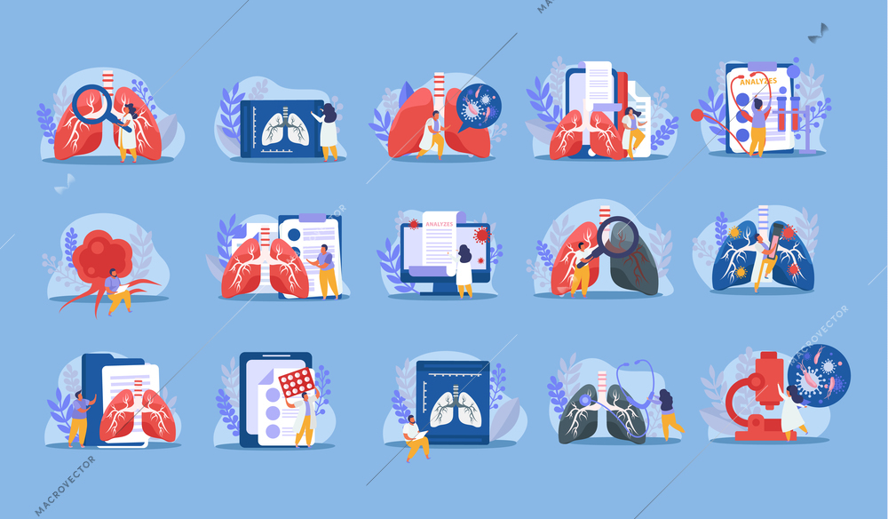 Lung inspection xray stethoscope medicine analysis flat icons set isolated on blue background vector illustration