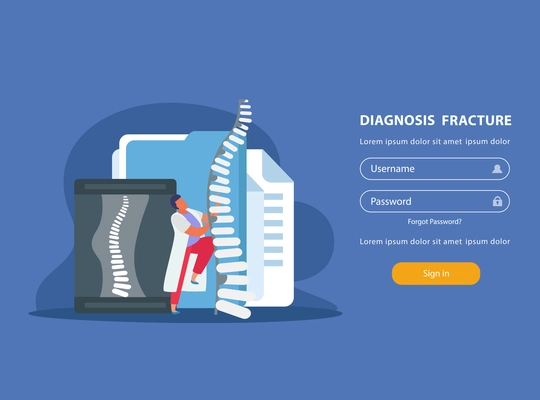 Orthopedics website with fracture diagnosis and treatment symbols flat vector illustration